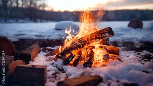 Winter campfire scene, 4k animated virtual repeating seamless photo