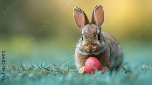 Rabbit Playing With Red Ball in Grass