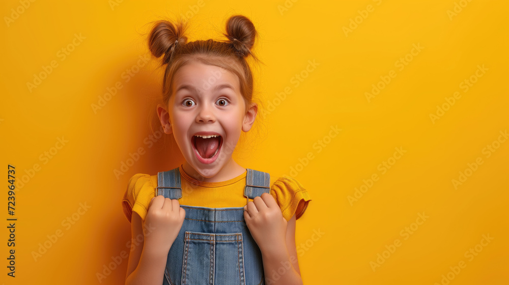 Naklejka premium Portrait of young excited shocked crazy smiling girl child kid. isolated on yellow color background.