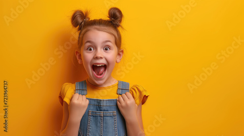 Portrait of young excited shocked crazy smiling girl child kid. isolated on yellow color background.