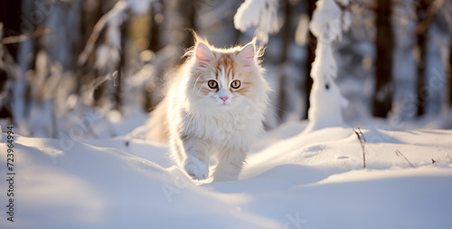 Beautiful long haired siberian cat walks in winter forest, Maine Coon cat in winter forest. Beautiful red and white cat running in the snow.