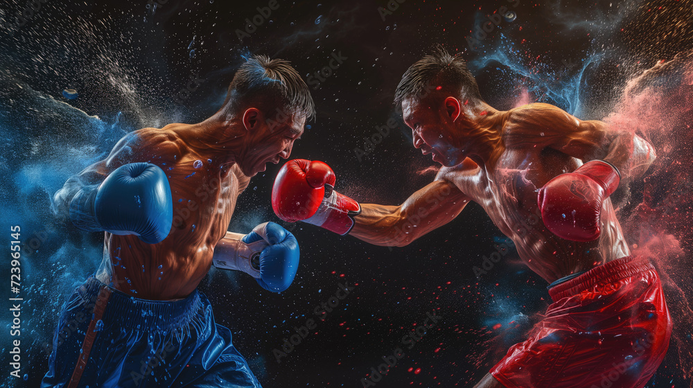 2 Thai boxers, blue and red. muay Thai - obrazy, fototapety, plakaty 