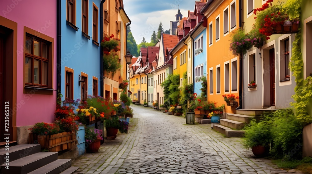 Colorful street in the old town of Cesky Krumlov, Czech Republic