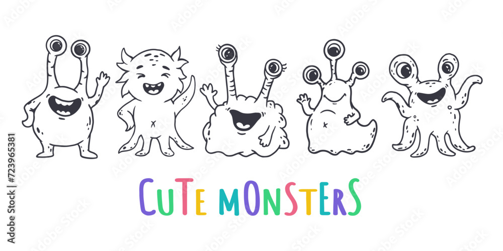 Fototapeta premium Set of cute cartoon monsters in doodle style. Funny characters on white background. Icon monster. Alien.Vector illustration