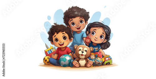 Children playing with toys on a white background. Cartoon vector illustration.Illustration of a group of children with toys on a white background