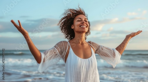 Woman Standing on Beach With Outstretched Arms Facing the Ocean Generative AI