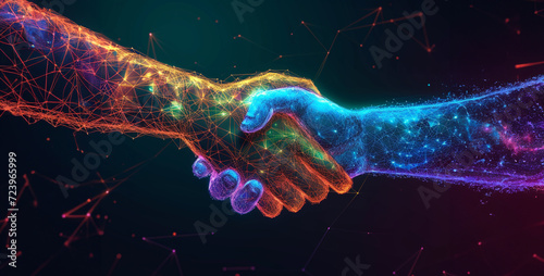 Partnership, partnership and handshake concept. 3D Rendering,Abstract polygonal handshake on dark background. 3D Rendering