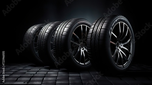 New Car Tires Banner, Automotive Parts on Dark Background with Copy Space