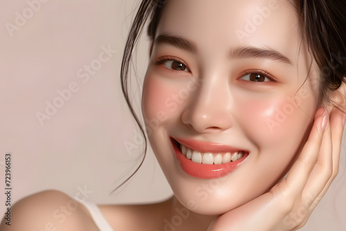 Closeup Beautiful smiling asian korean woman touch face with smooth healthy skin