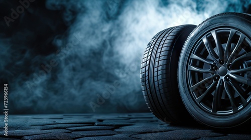 New Car Tires Banner, Automotive Parts on Dark Background with Copy Space