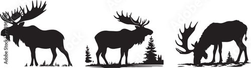 Moose in a clearing near the trees, black and white vector decorative graphics