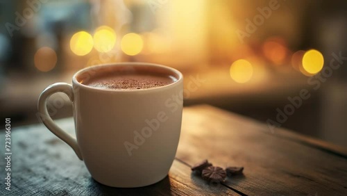 Cup of hot chocolate with steaming smoke and bokeh background photo