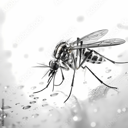 Closeup of black and white mosquito isolated on white background. Aedes aegypti dengue mosquito. Prevention. photo