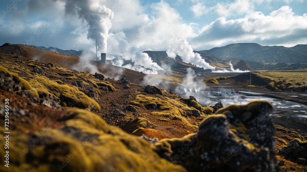 Aerial shot of a geothermal power plant with steam vents rising from the earth, surrounded by rugged, volcanic terrain. Capture the raw power and natural beauty of this energy source.