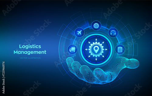 Logistics management concept. Logistic icon in wireframe hand. Smart logistics and transportation. Logistic global network distribution. Business of transport industrial. Vector illustration.