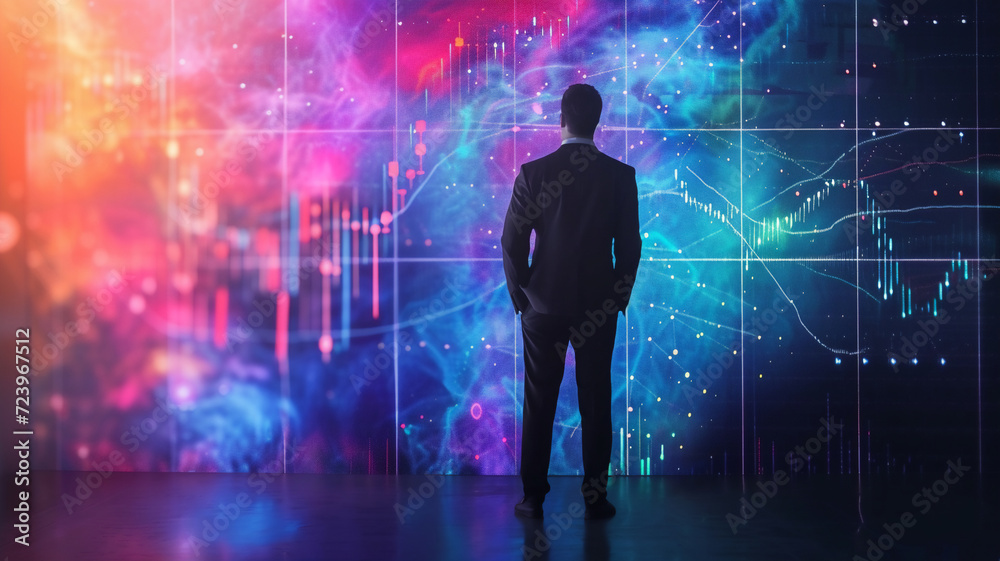 Businessman is standing in front of big hologram screen ,futuristic concept . Businessman is standing in front of big hologram screen ,futuristic concept .