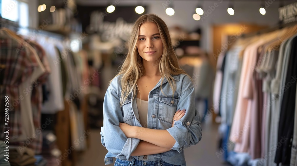 attractive young woman fashion business owner posing at clothing store
