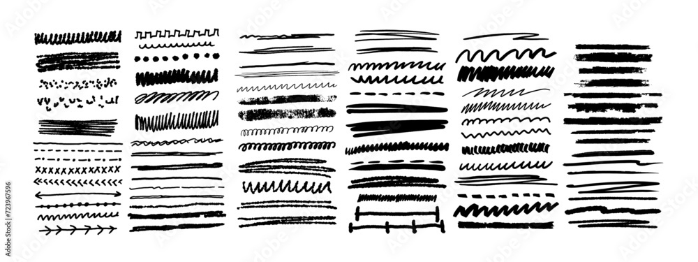 Underline brushstroke set, line scribble doodle, black pencil vector hand drawn divider collection. Sketch marker border, crayon stripe kit, grunge creative text decoration. Underline brushstroke