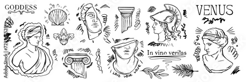 Greek sculpture y2k tattoo sketch set, roman goddess vector statue head doodle drawing ink scribble. Contemporary mythology antique sticker kit, woman face, column. Greek sculpture fashion print