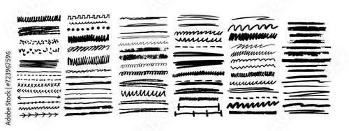 Underline brushstroke set, line scribble doodle, black pencil vector hand drawn divider collection. Sketch marker border, crayon stripe kit, grunge creative text decoration. Underline brushstroke photo