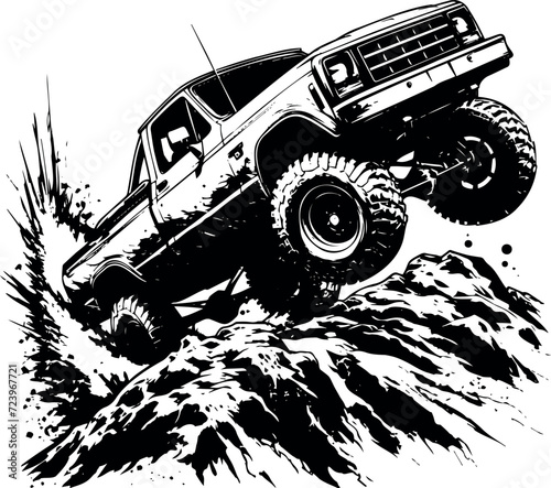 Offroad adventure brought to life through the dynamic black and white silhouette of a mud-covered vehicle.