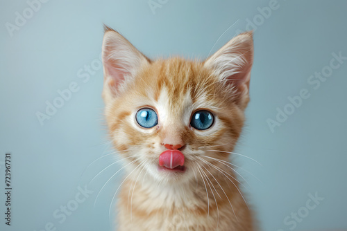 Funny cat licks his lips. Portrait of kitten with beautiful blue eyes background.