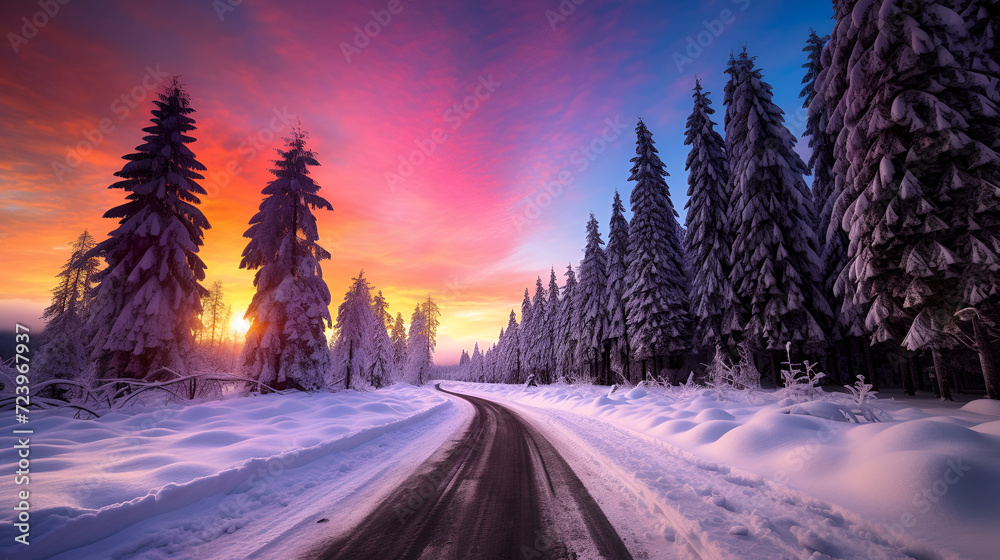 Road leading towards colorful sunrise between snow covered trees with epic milky way on the sky, sunset clouds hovering low in sky, Generative Ai