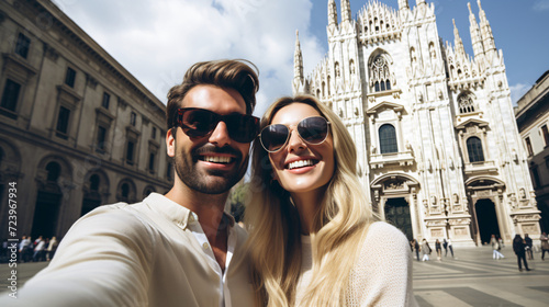 Happy young couple taking selfie photo in front of Duomo cathedral in Milan, Italy © Argun Stock Photos