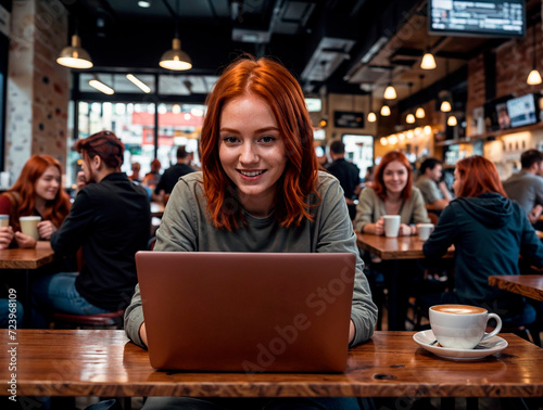 Girl smiling and sitting at a table with a laptop and a cup of coffee. She is focused on her work. There are other people in the background, engaged in their own activities. 