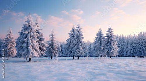 Christmas background. Xmas tree with snow decorated with garland lights, holiday festive background, Sunset in the wood in winter perio, Generative Ai