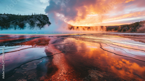The Grand Prismatic Spring in Wyoming, US, mesmerizes with its vibrant colors, where the steamy pool reflects a stunning volcanic masterpiece within a national treasure