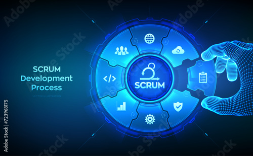 SCRUM. Agile development methodology process. Iterative sprint methodology. Programming and application design concept. Wireframe hand places an element into a composition visualizing SCRUM. Vector.