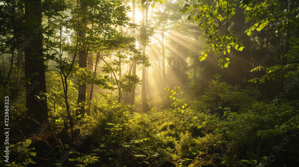 Sunlight breaks through the canopy, casting a warm glow over the serene wilderness, where the foliage is lush and a crystal-clear stream weaves through the vibrant greenery