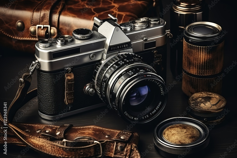 Vintage camera with lens and film on a dark background