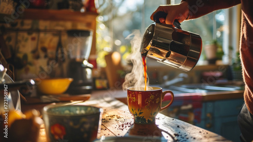 Hand pouring hot coffee into a decorative mug, with steam rising in a cozy, sunlit kitchen setting, evoking a warm, homely atmosphere