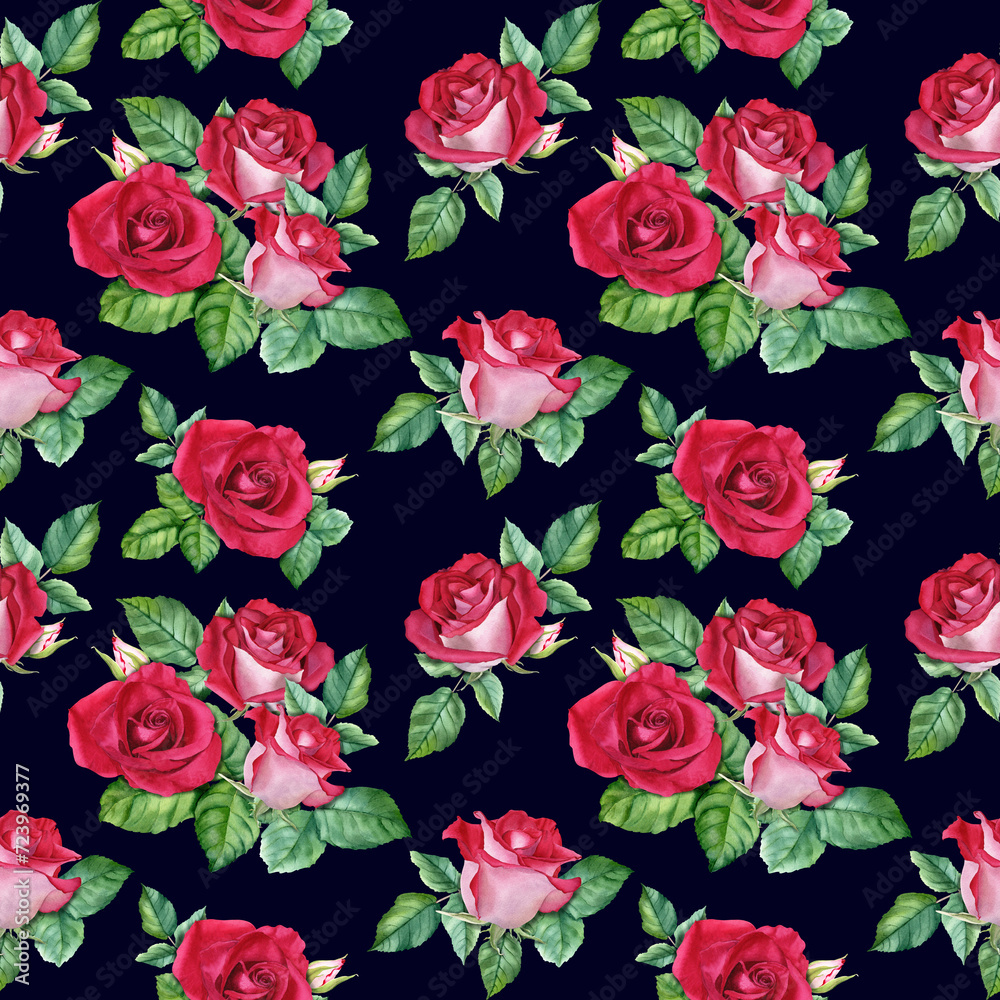 Seamless pattern with flower Rose blooms, buds and leaves. Botanical watercolor repeat pattern. For wrapping wallpaper fabric textile