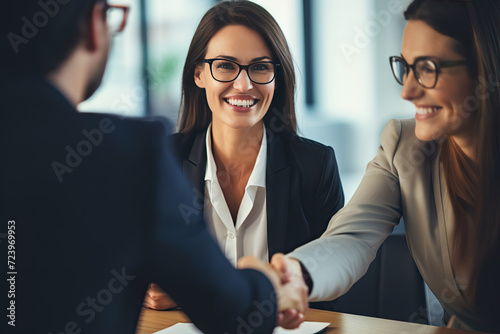 Happy mid aged business woman manager handshaking at office meeting. Smiling female hr hiring recruit at job interview, bank or insurance agent, lawyer making contract deal with client photo