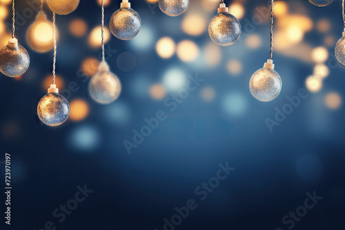 holiday illumination and decoration concept - christmas garland bokeh lights over dark blue background