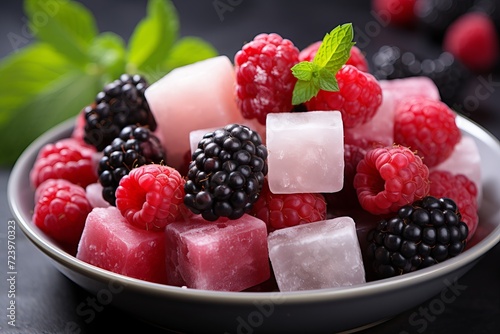 background of wild berries, blueberries,raspberries, cranberries in the air with ice cubes on a pastel background