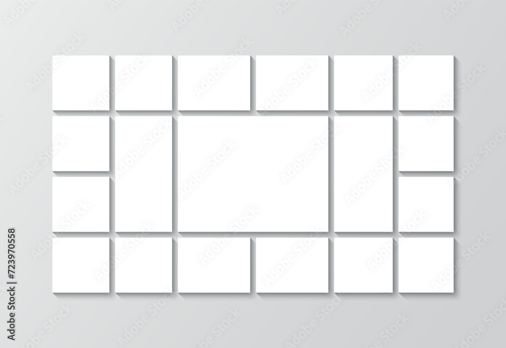 Scrapbook grid. Portfolio images mockup. Photo collage square layout. Mood board background. Mosaic picture frame. Moodboard template. Album brandboard. Gallery banner. Vector illustration Scrapbook grid. Portfolio images mockup. Photo collage square layout. Mood board background. Mosaic picture frame. Moodboard template. Album brandboard. Gallery banner. Vector illustration