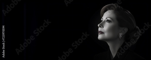 Retro and old fashion Elegant elderly or old Woman Face Portrait wearing earing Beauty Fashion Model with beautiful face and beautiful Eye Make up Black and white background looking beside copy space 