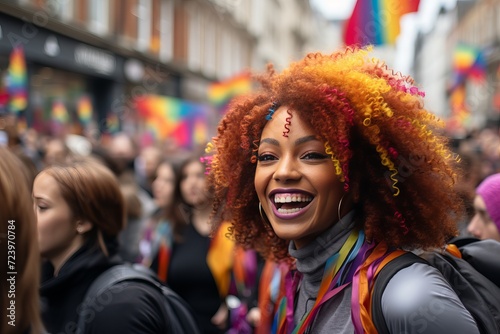 African-American transgender men with brightly colored hair smile and stand with LGBT flags