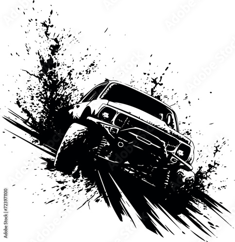 Striking black and white composition featuring the powerful silhouette of an offroad car in mud.