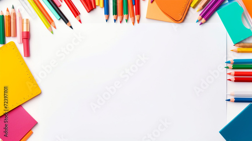 School supplies background top view with copy text space - ai generative