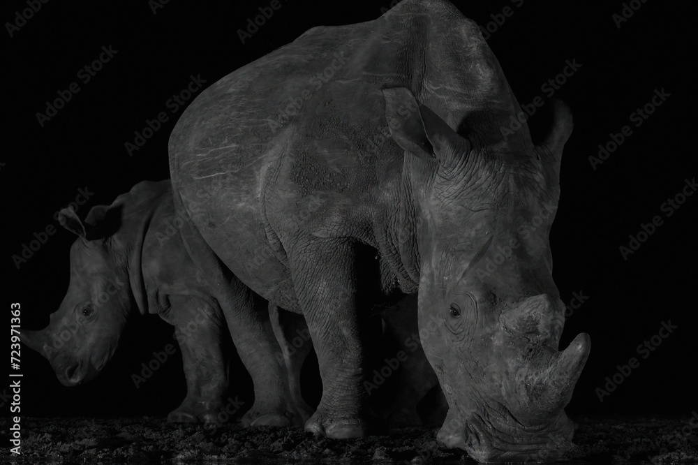 Square-lipped (White) rhino and her calf at Tamboti overnight hide, Zimanga, Private Game Reserve, Kwazulu Natal. Square-lipped (White) rhino and her calf at Tamboti overnight hide, Zimanga, Private Game Reserve, Kwazulu Natal.