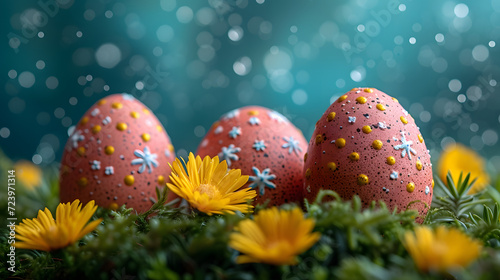 Three Decorated Eggs Sitting in the Grass With Daisies