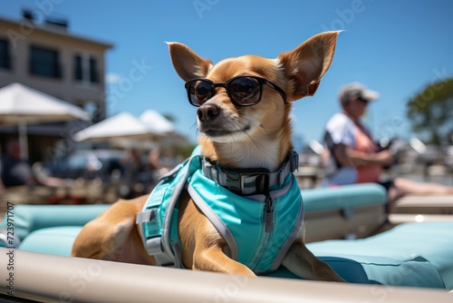 A thoroughbred dog in close-up wearing sunglasses stands on the bow of a yacht sailing on the sea in summer © anwel