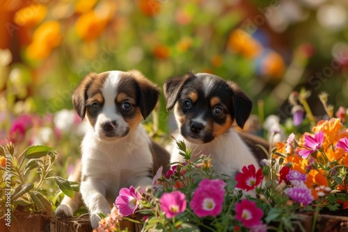 Playful puppies in a sunny garden full of flowers