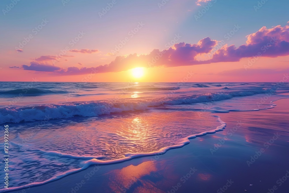 Vibrant sunset over a peaceful beach with gentle waves