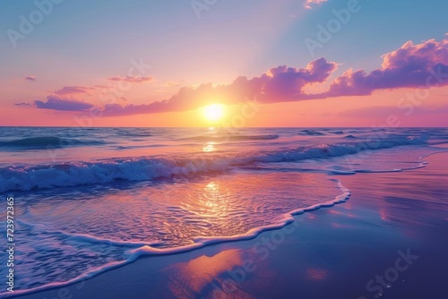 Vibrant sunset over a peaceful beach with gentle waves © Bijac
